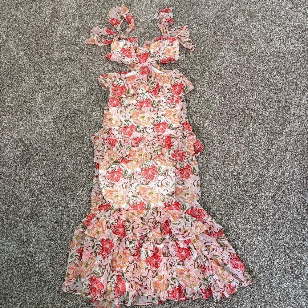 WAYF Floral Ruffle Maxi Dress S Cutout Strappy Tiered Wedding Guest Pink